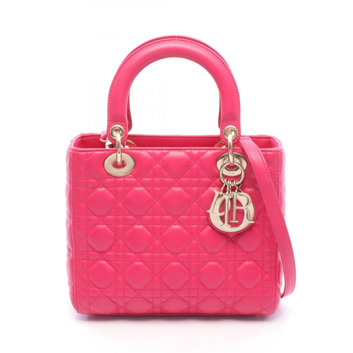 Dior Handbag Lady Dior 2-Way Magenta Leather Tote Medium