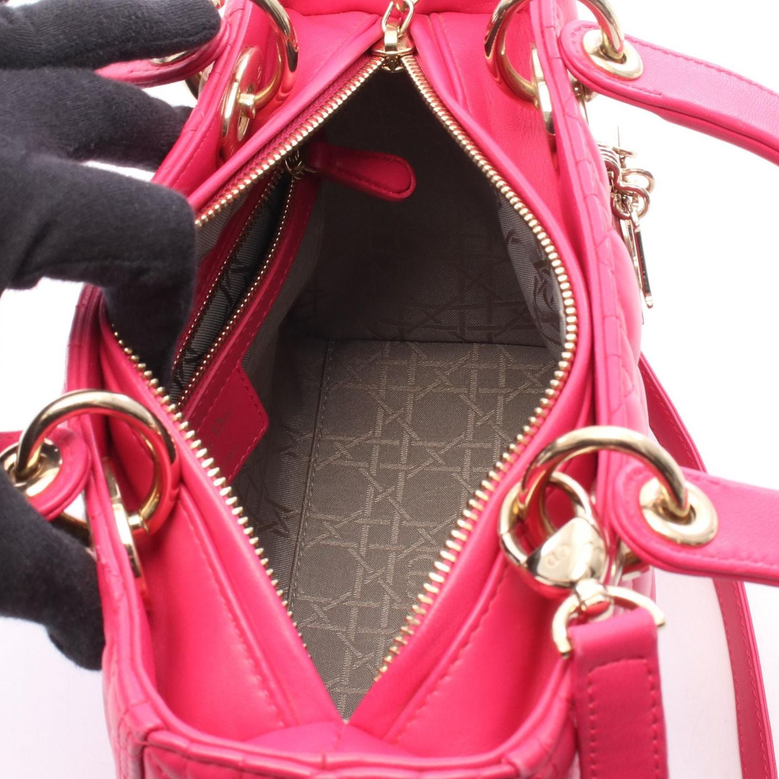 Dior Handbag Lady Dior 2-Way Magenta Leather Tote Medium — view 3