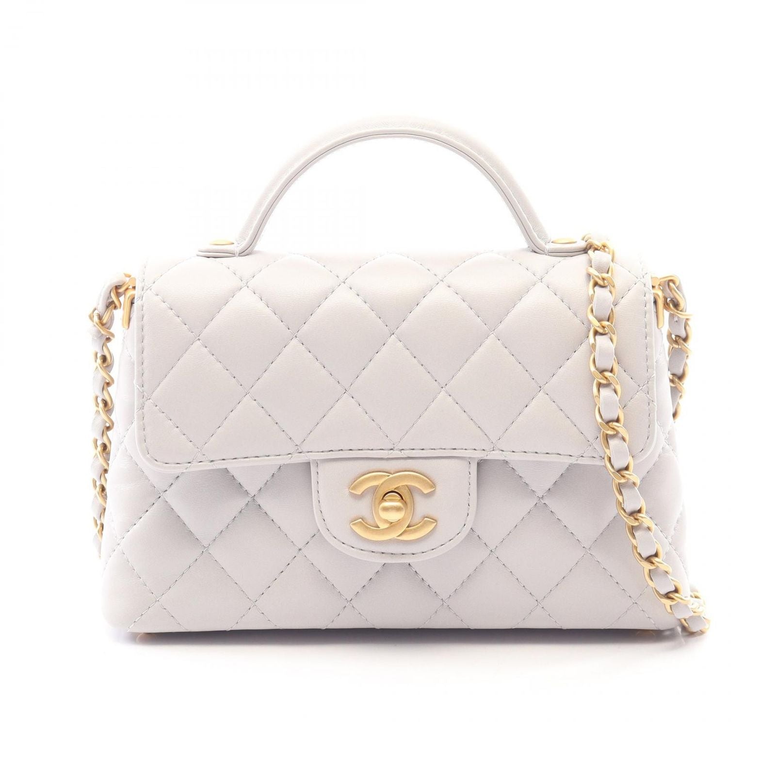 Chanel Shoulder Bag Quilted Top Handle 2-Way Light Gray Lambskin Chain