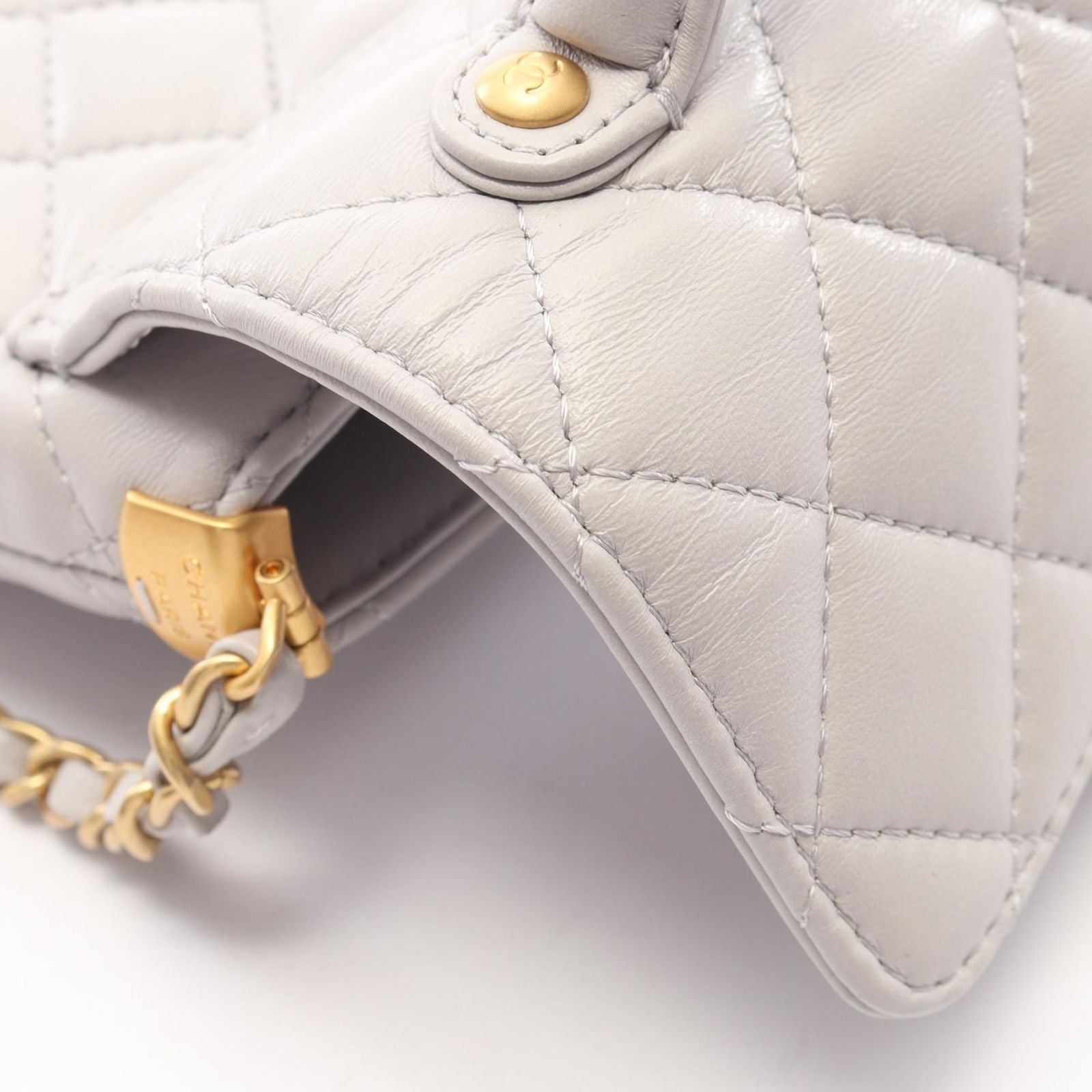 Chanel Shoulder Bag Quilted Top Handle 2-Way Light Gray Lambskin Chain — view 7