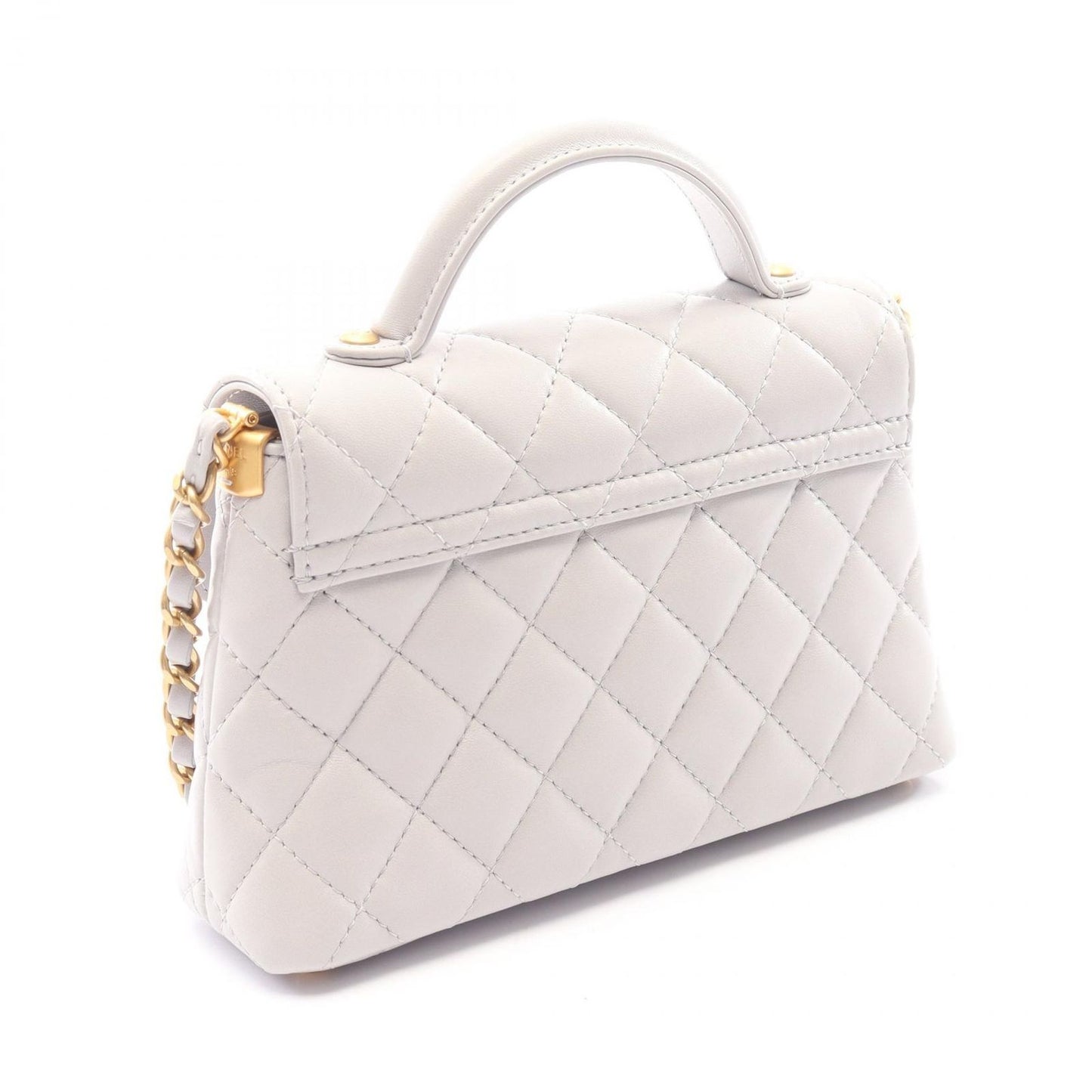 Chanel Shoulder Bag Quilted Top Handle 2-Way Light Gray Lambskin Chain — view 2