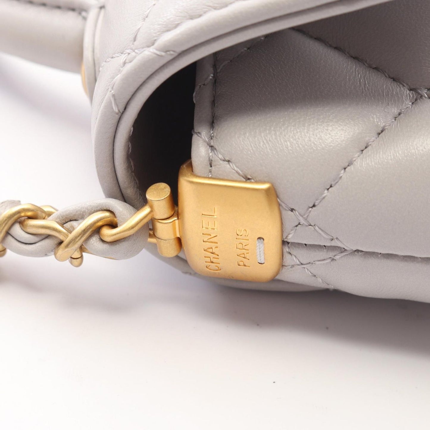 Chanel Shoulder Bag Quilted Top Handle 2-Way Light Gray Lambskin Chain — view 8