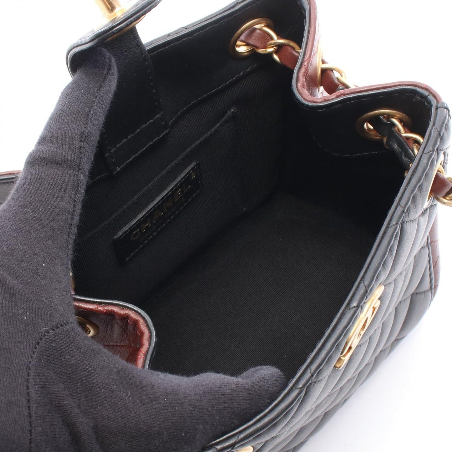 Chanel Shoulder Bag Quilted Small Bucket Black Red Brown Lambskin Chain — view 3