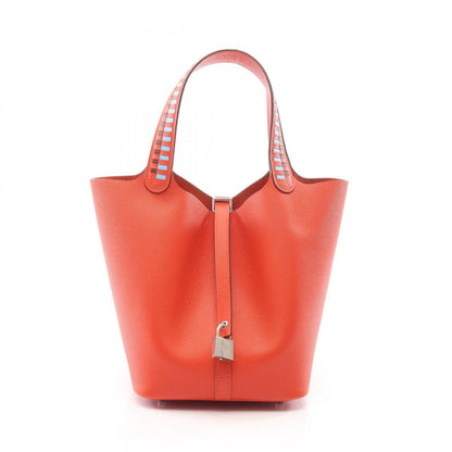 Hermes Handbag Picotin Lock MM Capucines Celeste Rouge Ash Leather Tresage