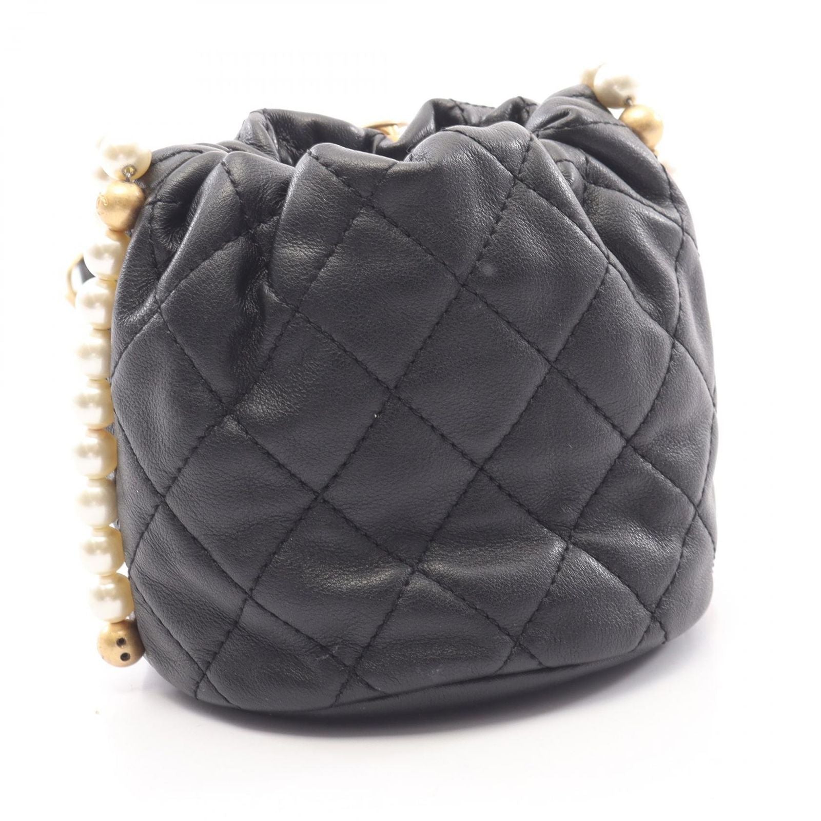 Chanel Shoulder Bag Quilted Drawstring Black Lambskin Pearl Chain Mini — view 2