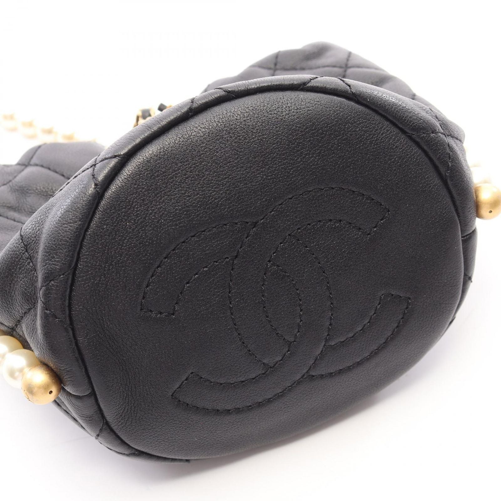 Chanel Shoulder Bag Quilted Drawstring Black Lambskin Pearl Chain Mini — view 6