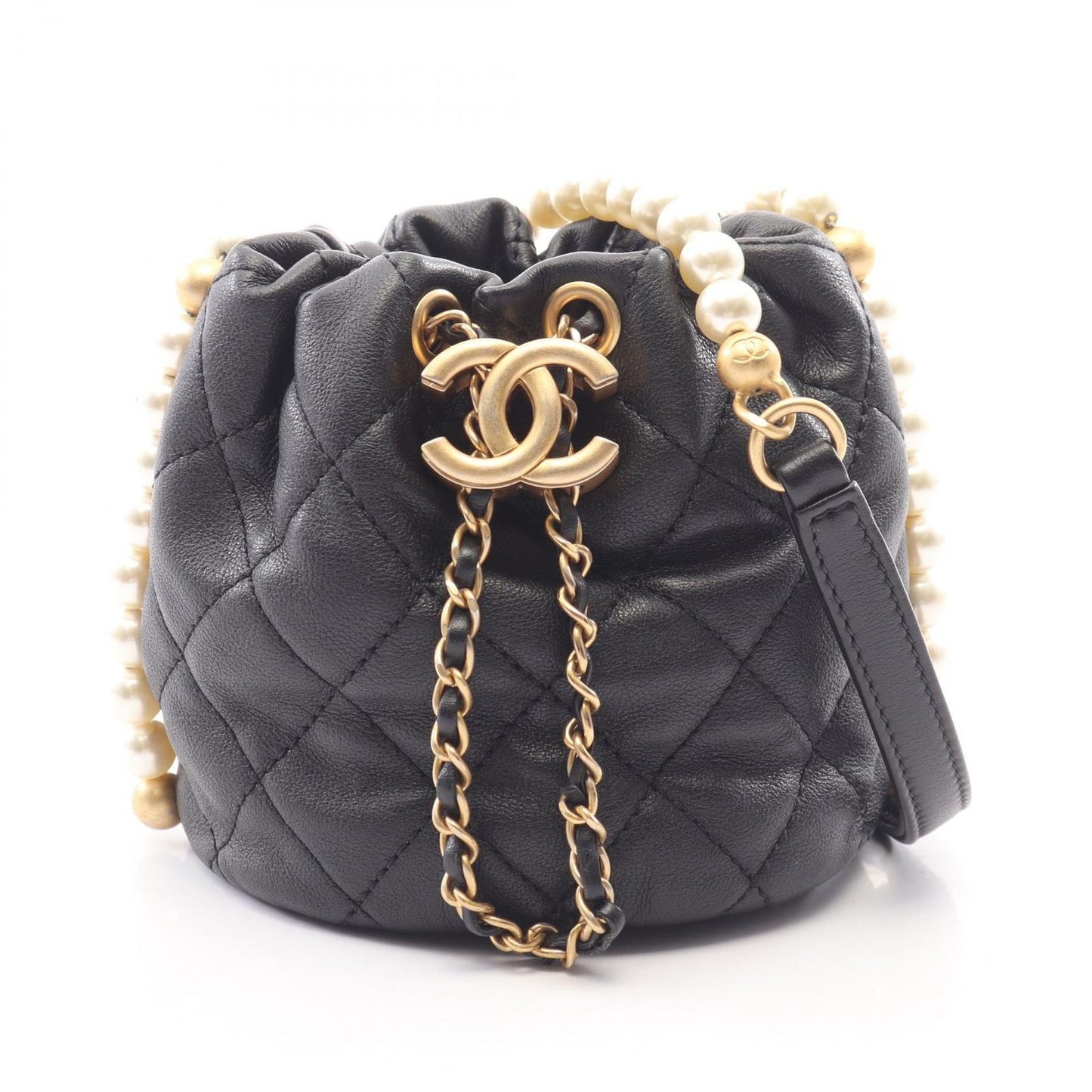 Chanel Shoulder Bag Quilted Drawstring Black Lambskin Pearl Chain Mini