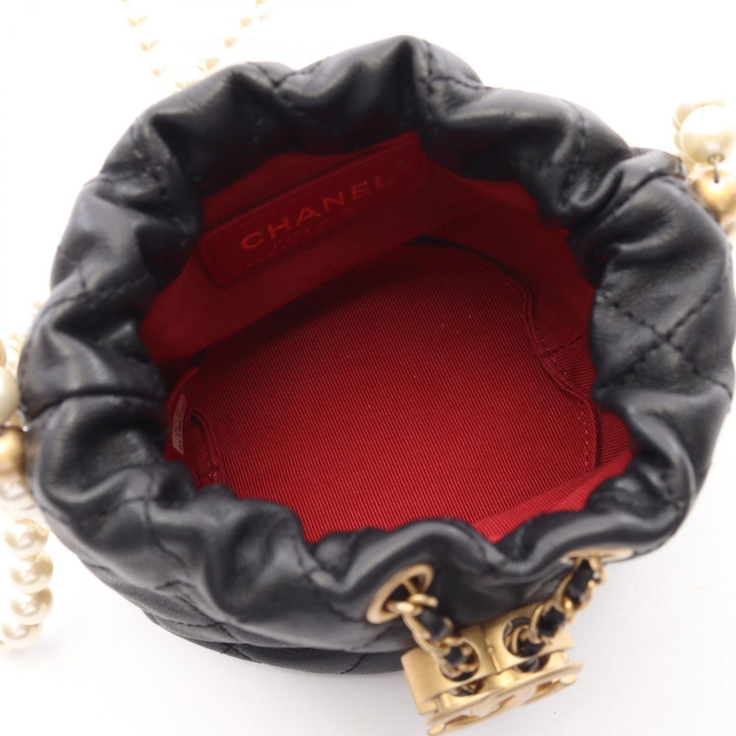 Chanel Shoulder Bag Quilted Drawstring Black Lambskin Pearl Chain Mini — view 3