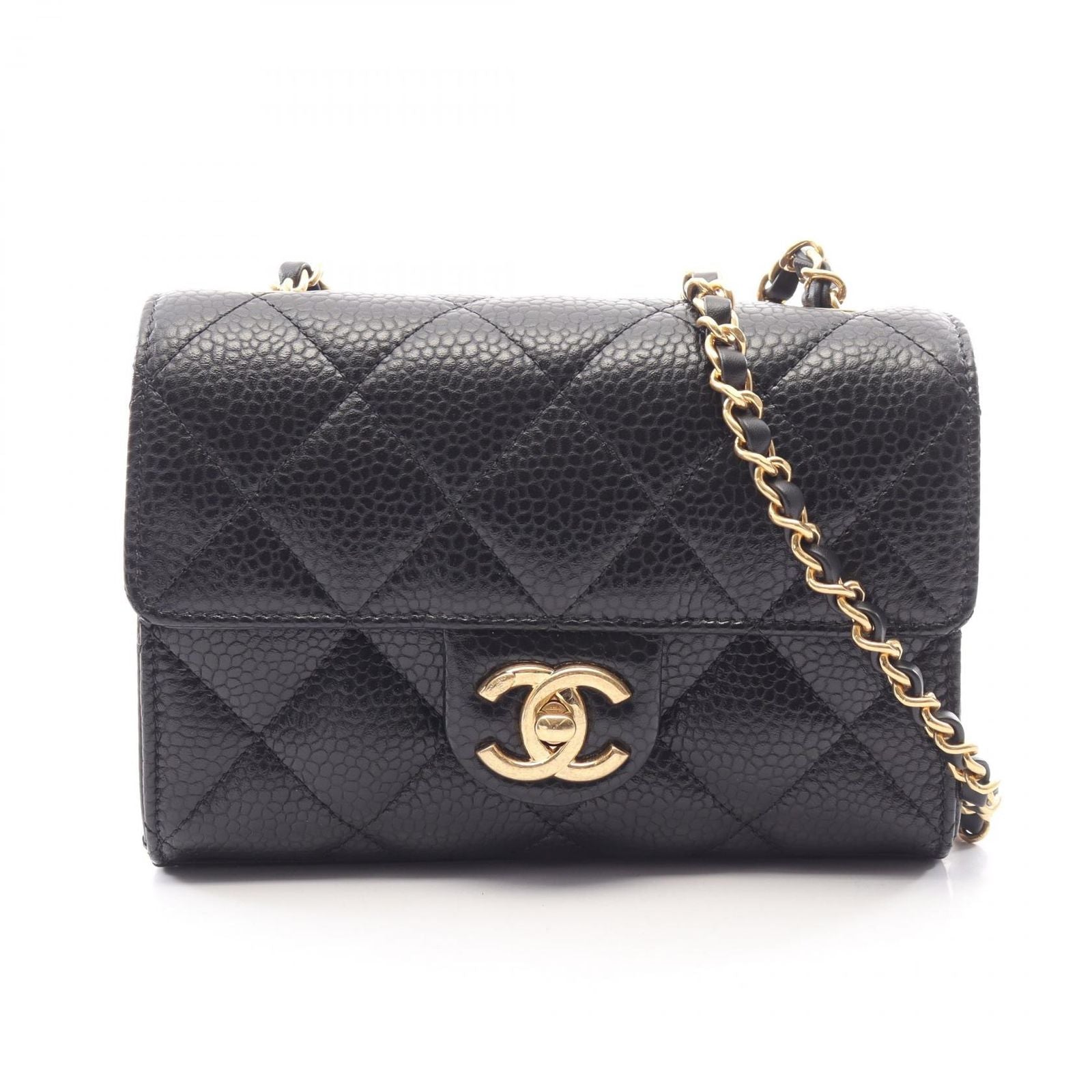 Chanel Shoulder Bag Quilted Small Flap Black Caviar Leather Chain