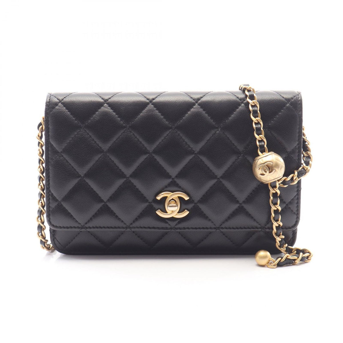 Chanel Shoulder Bag Quilted Black Lambskin Chain Wallet