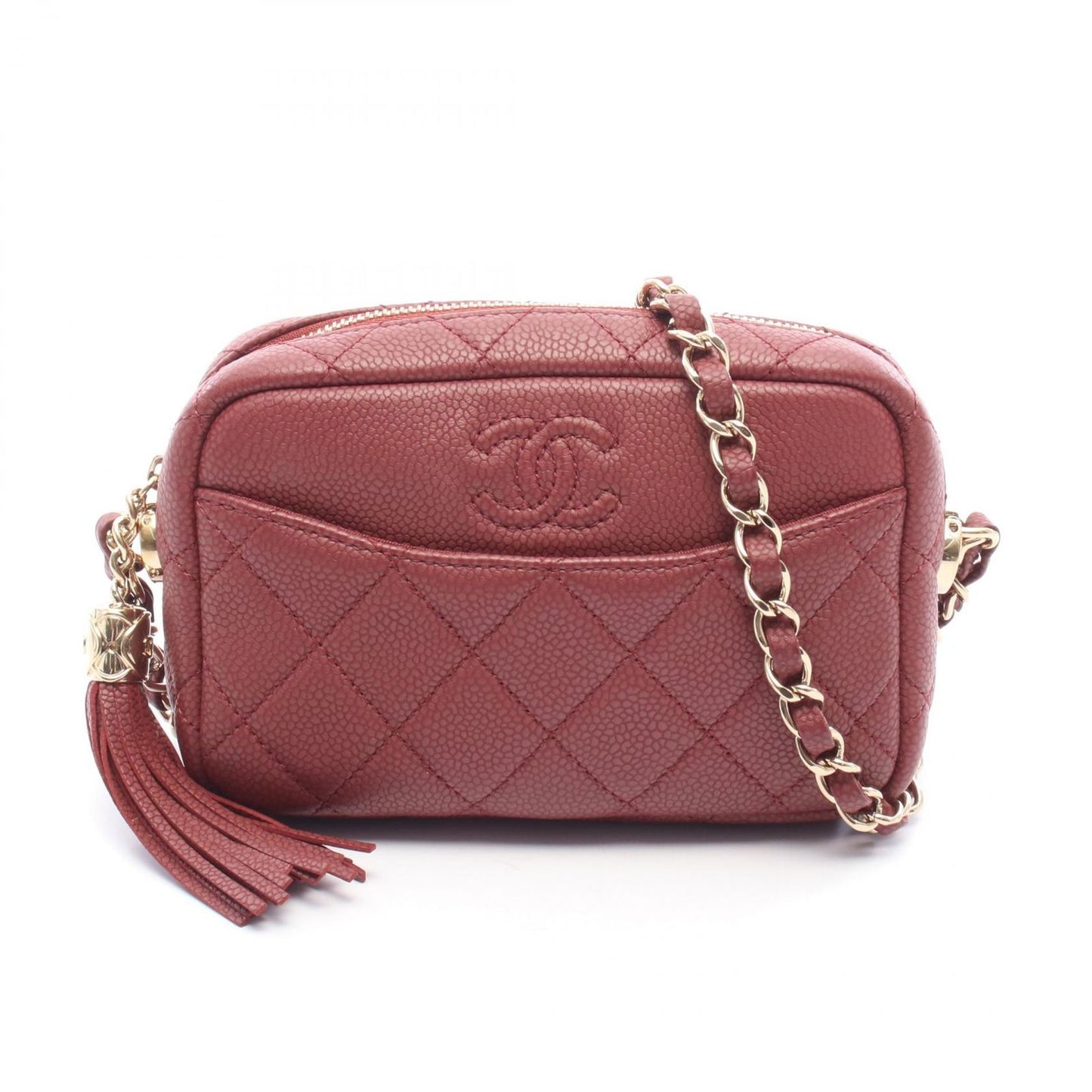 Chanel Shoulder Bag CC Logo Quilted Tassel Bordeaux Caviar Leather Chain
