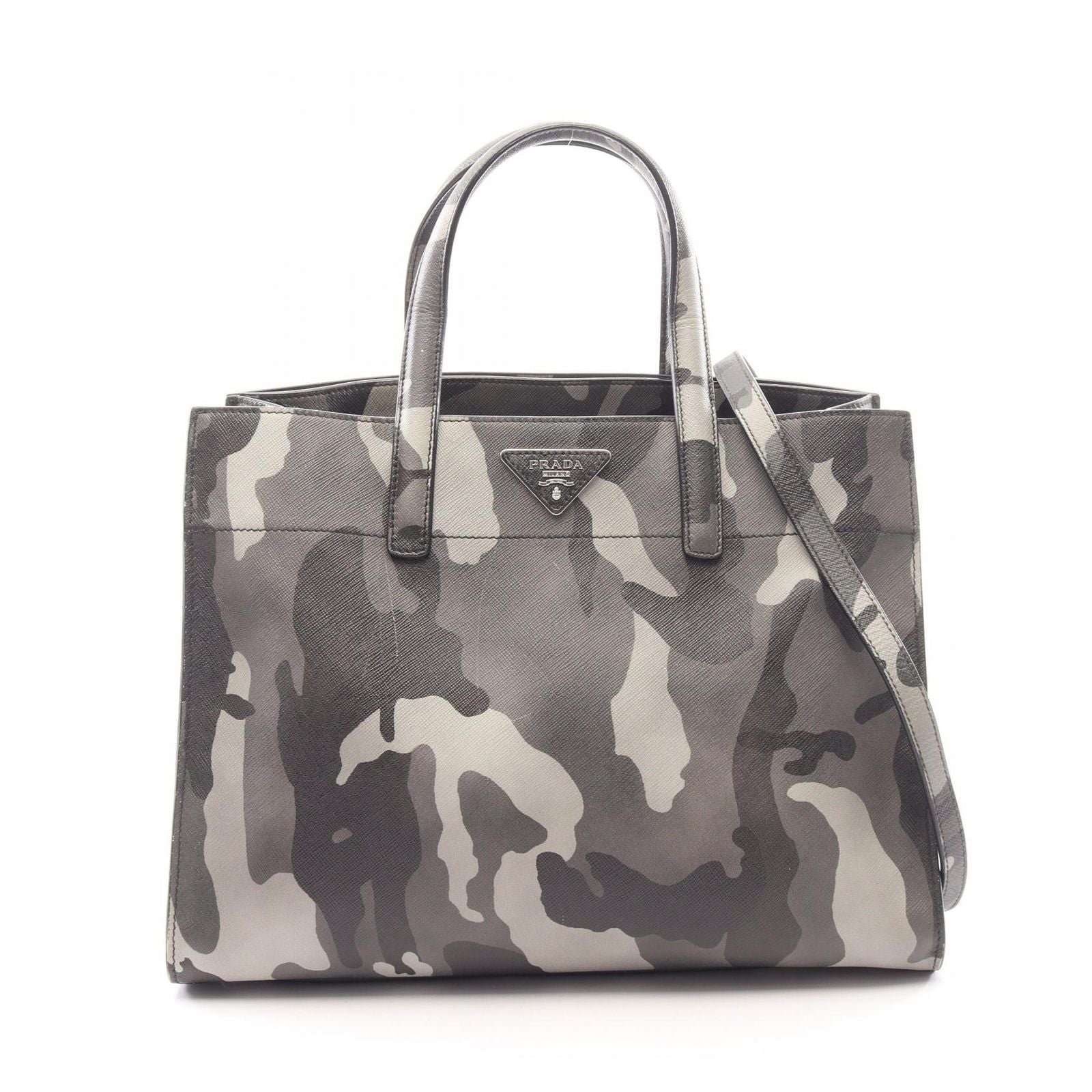 Prada Handbag Saffiano Soft 2-Way Gray Leather Triangle Logo Tote
