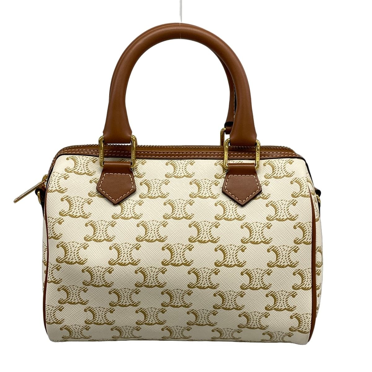 Celine Handbag Small Boston Triomphe Canvas White Beige Brown