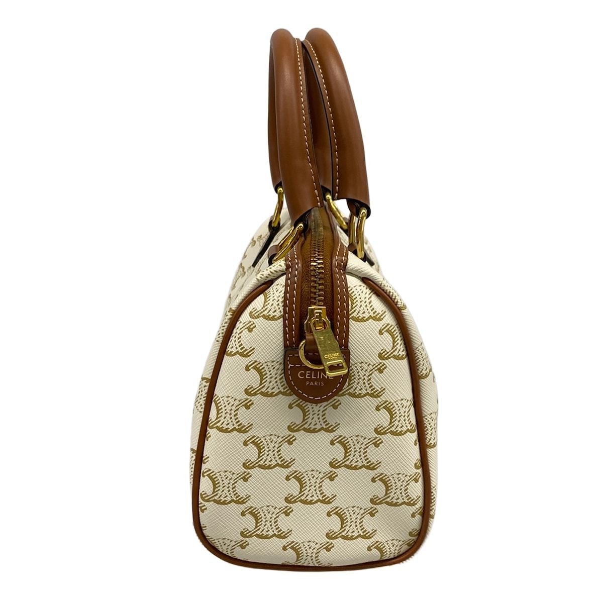 Celine Handbag Small Boston Triomphe Canvas White Beige Brown — view 2
