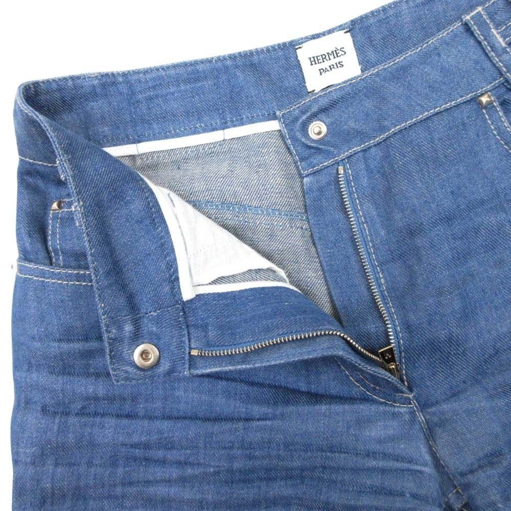 Hermes Medor Button Linen Denim Chambray Shorts H Logo Light Blue 34 — view 3