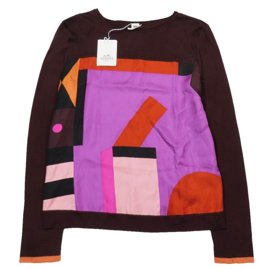 Hermes Twillaine Knit Silk Long Sleeve Geometric Pattern Top Brown Sweater 34