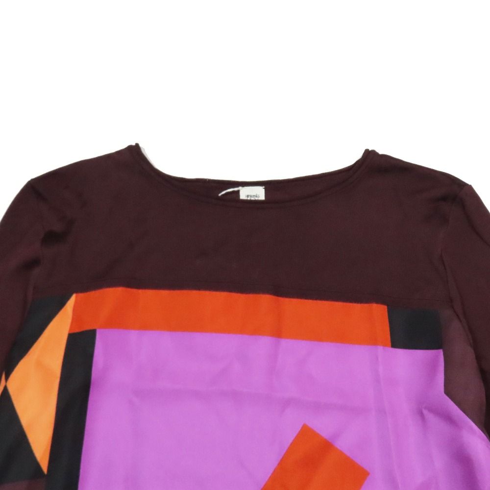 Hermes Twillaine Knit Silk Long Sleeve Geometric Pattern Top Brown Sweater 34 — view 3