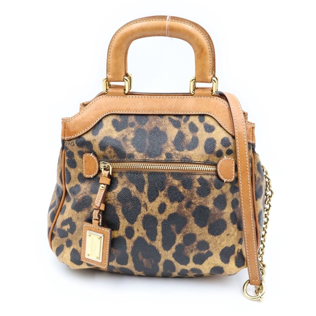 Dolce & Gabbana Leopard Print Hand Chain Shoulder Bag Brown