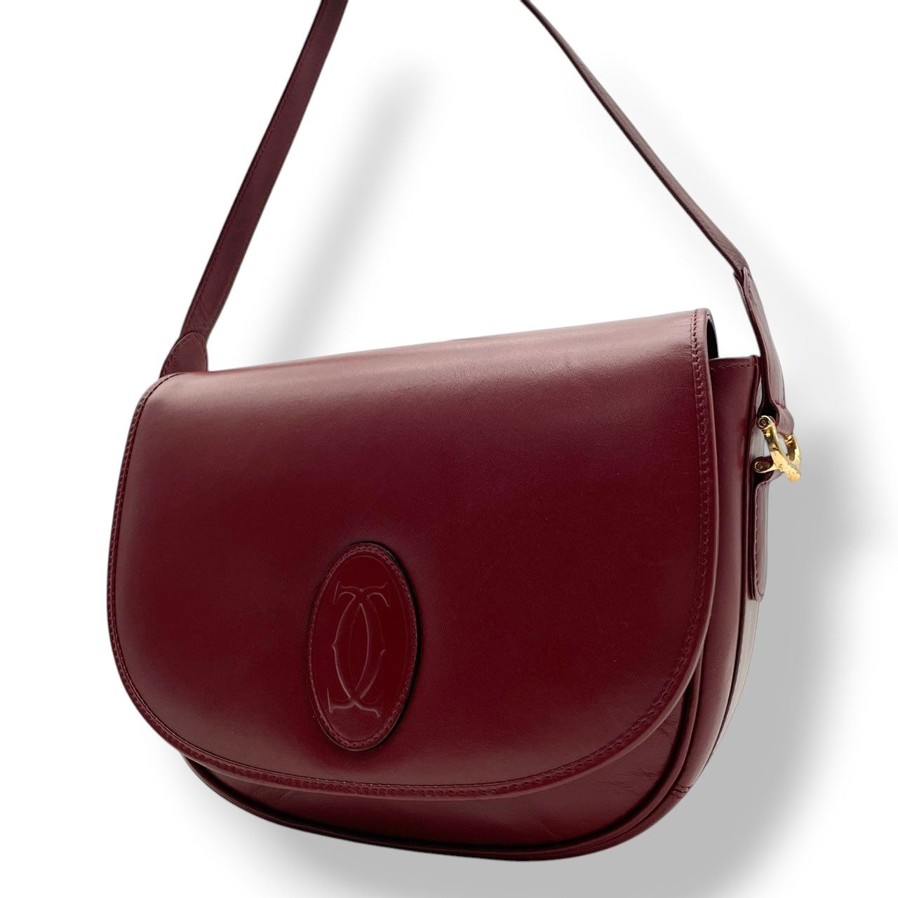 Cartier Must Line Shoulder Bag Flap Crossbody Leather Bordeaux Red Gold Double