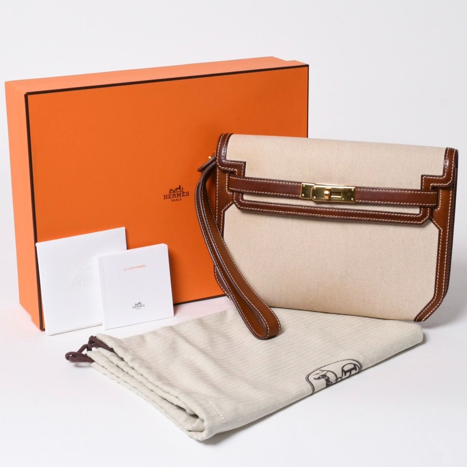 Hermes Kelly Depeches 25 Clutch Beige Brown Toile H Barenia Time