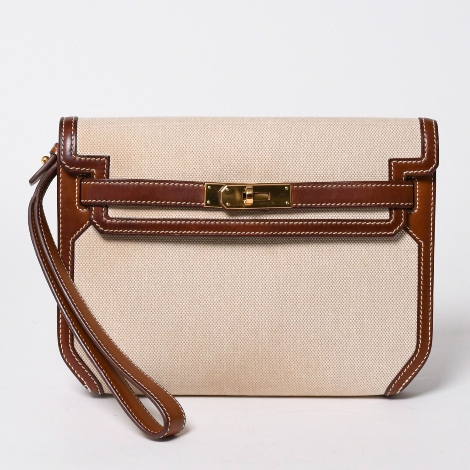 Hermes Kelly Depeches 25 Clutch Beige Brown Toile H Barenia Time — view 2