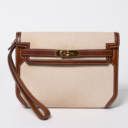 Hermes Kelly Depeches 25 Clutch Beige Brown Toile H Barenia Time — view 2