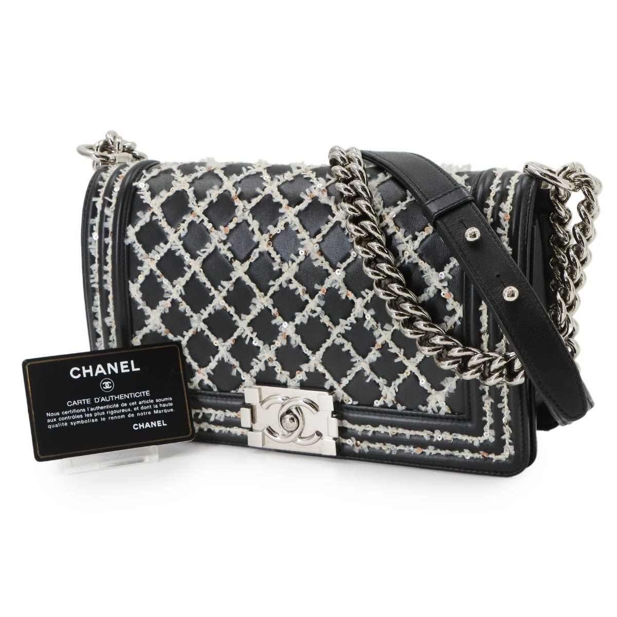 Chanel Boy Small Chain Shoulder Bag Lambskin Black Sequins — view 2