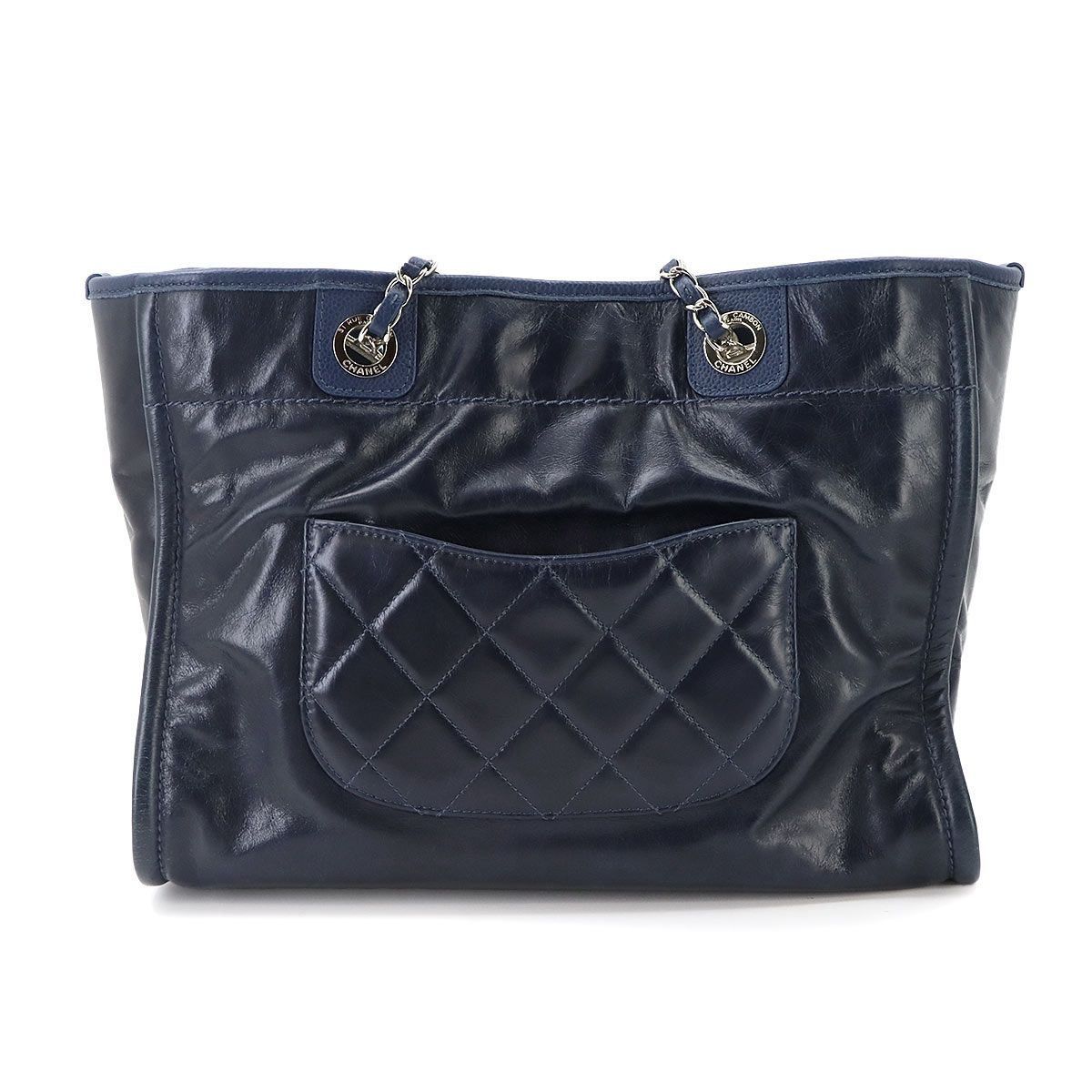 Chanel Deauville Chain Tote Leather Navy Silver — view 3