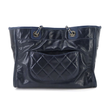 Chanel Deauville Chain Tote Leather Navy Silver — view 3