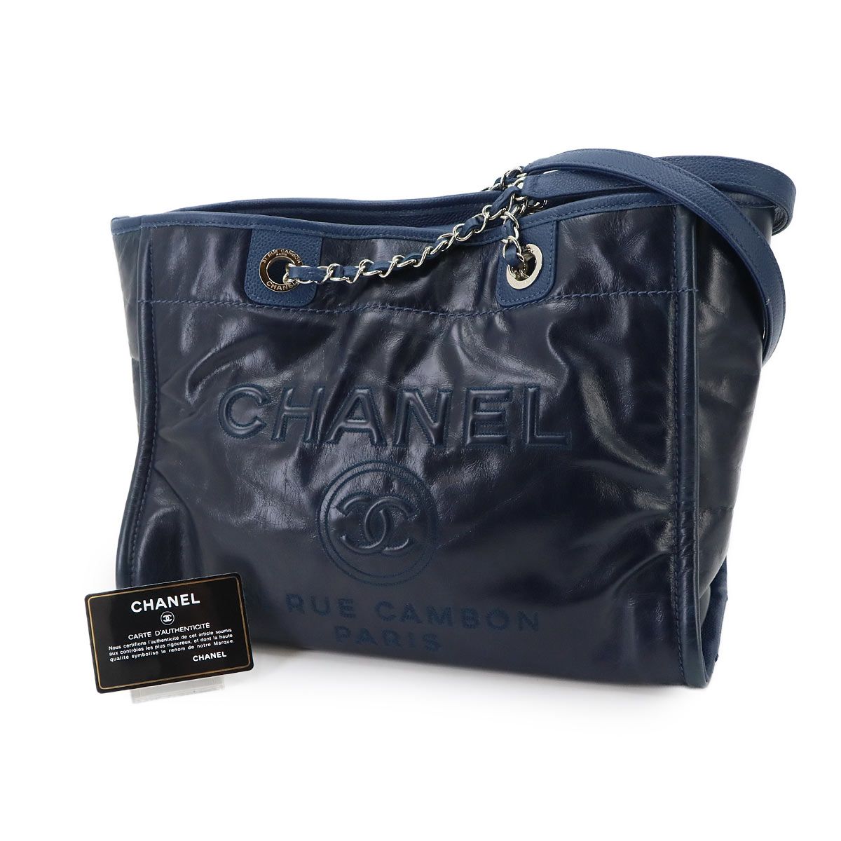 Chanel Deauville Chain Tote Leather Navy Silver — view 2