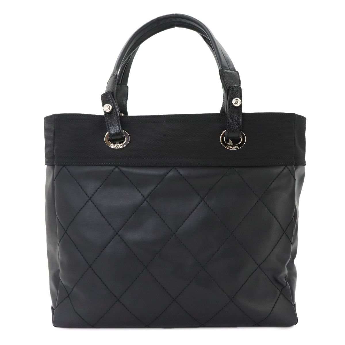 Chanel Paris Biarritz GM Tote Nylon Leather Black Silver — view 3