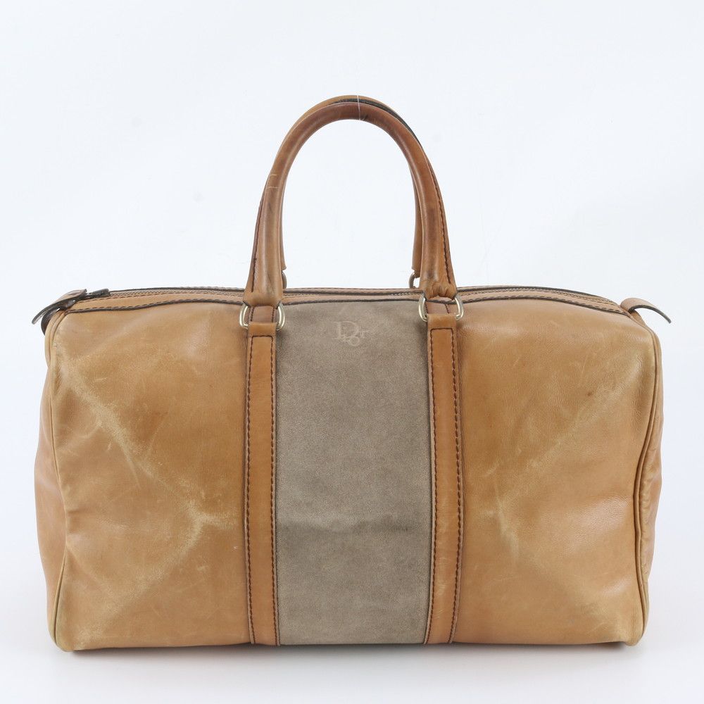 Dior Leather Boston Bag Tote Travel Business Brown