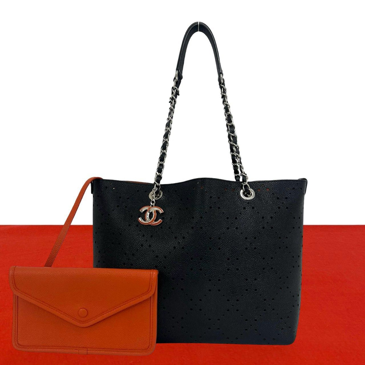 Chanel Punched Caviar Leather Chain Tote Black Orange