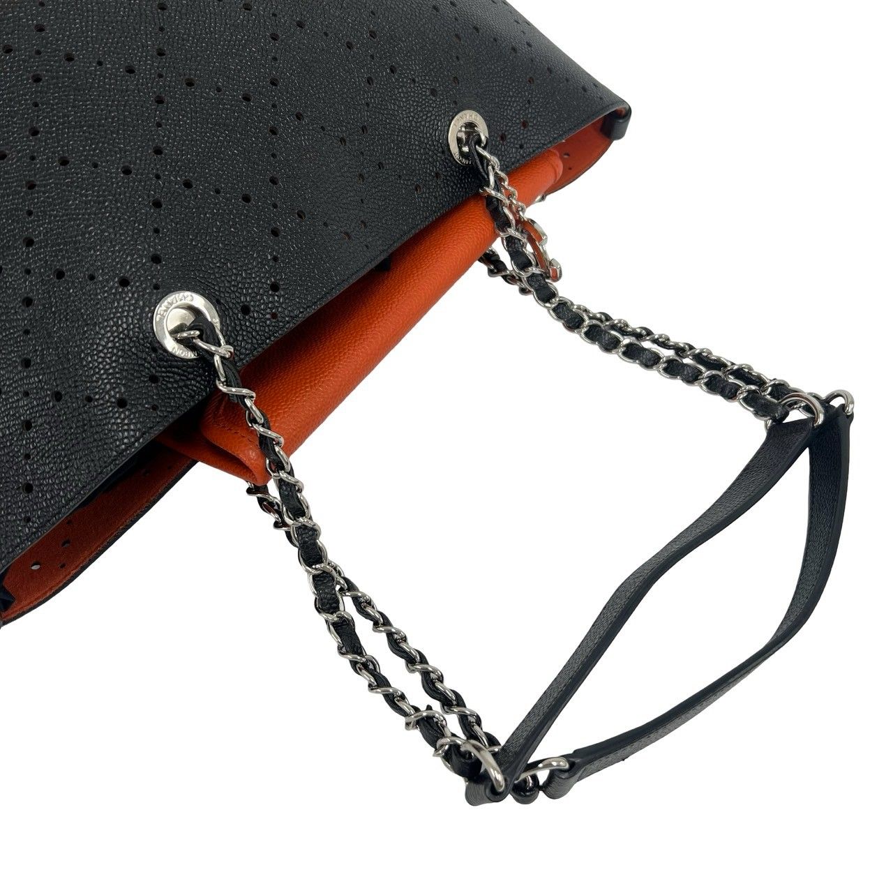 Chanel Punched Caviar Leather Chain Tote Black Orange — view 4