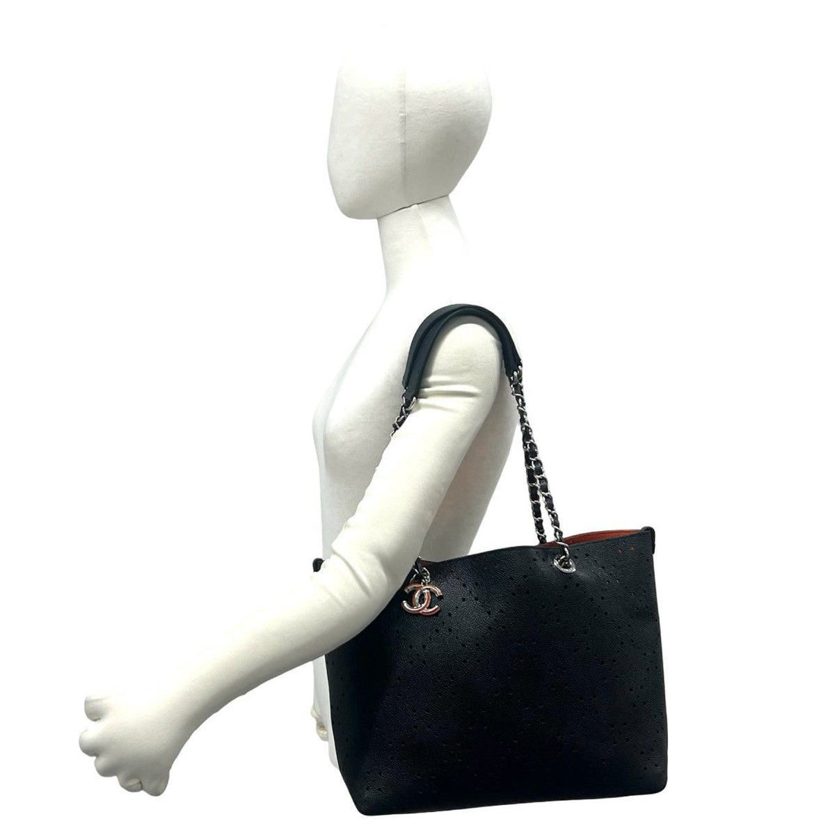 Chanel Punched Caviar Leather Chain Tote Black Orange — view 2