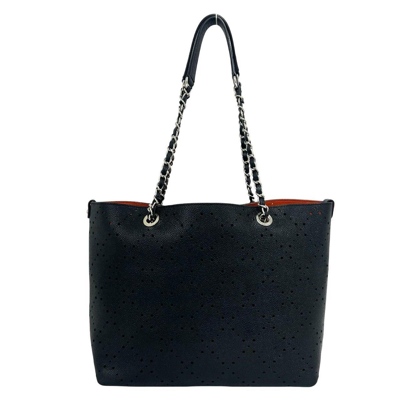 Chanel Punched Caviar Leather Chain Tote Black Orange — view 3