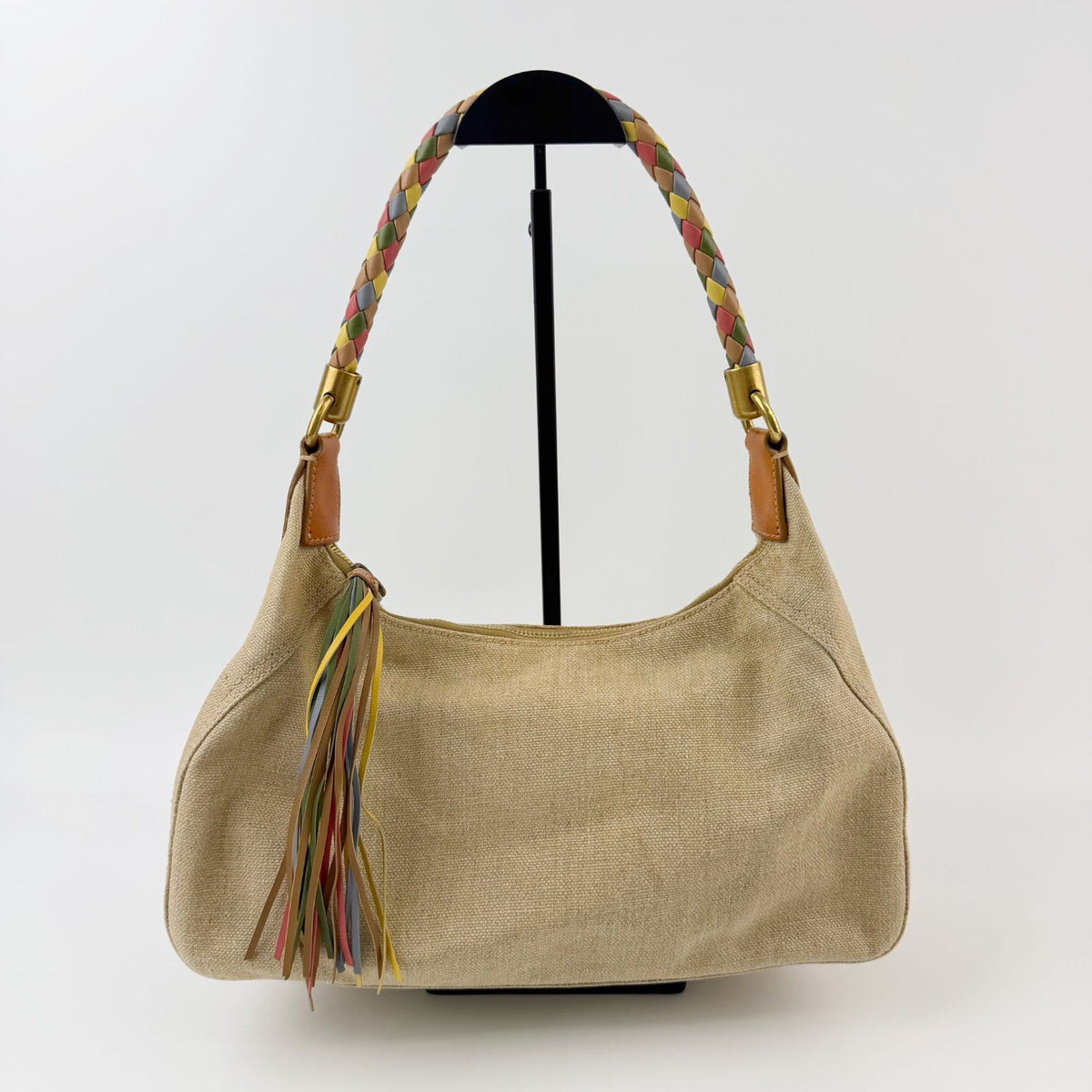 Miu Miu Y2k Multicolor Intrecciato Handle Shoulder Bag Canvas Leather Beige