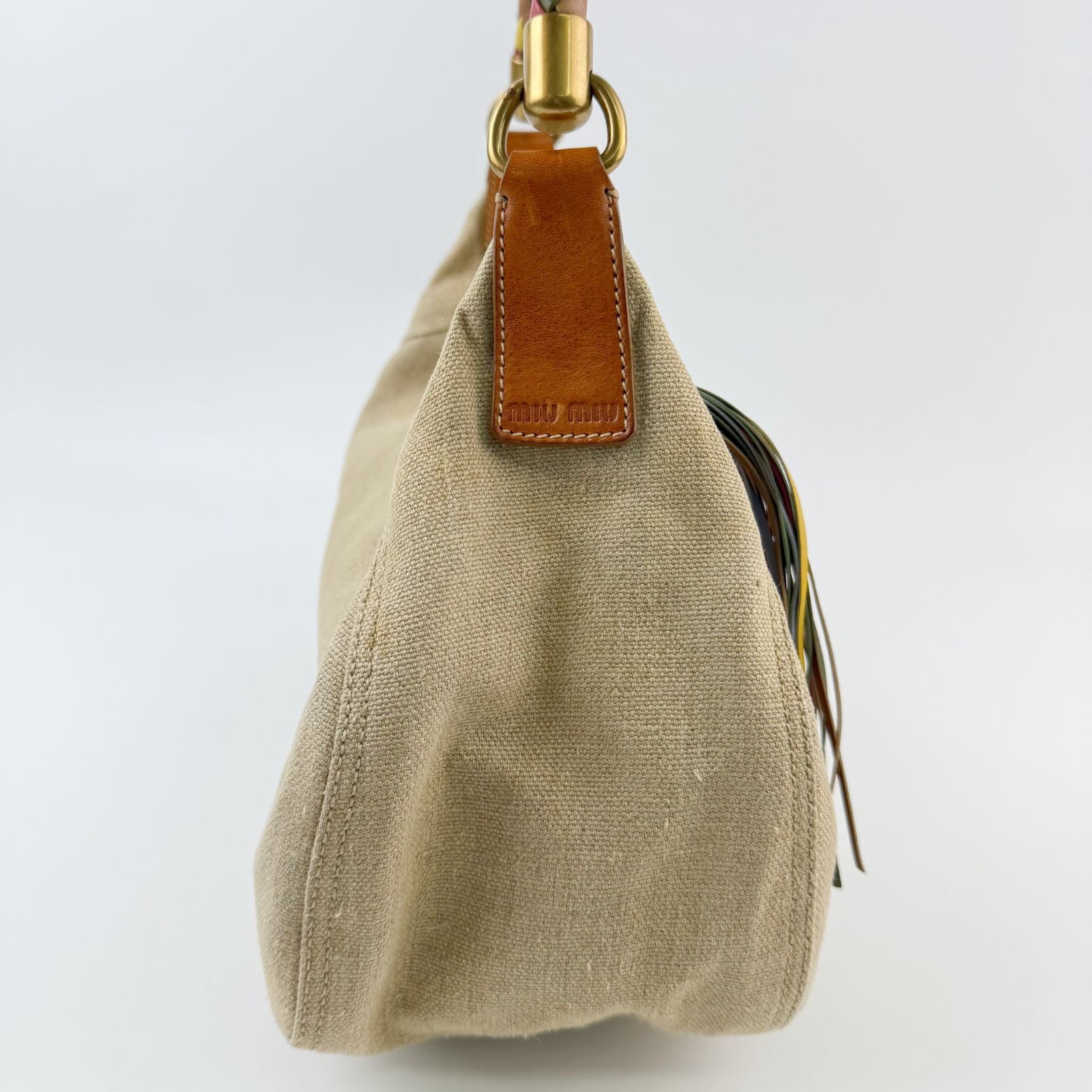 Miu Miu Y2k Multicolor Intrecciato Handle Shoulder Bag Canvas Leather Beige — view 4