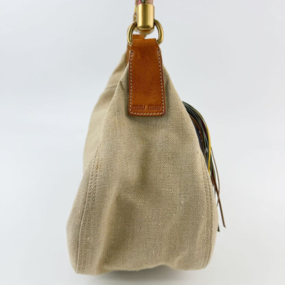 Miu Miu Y2k Multicolor Intrecciato Handle Shoulder Bag Canvas Leather Beige — view 4