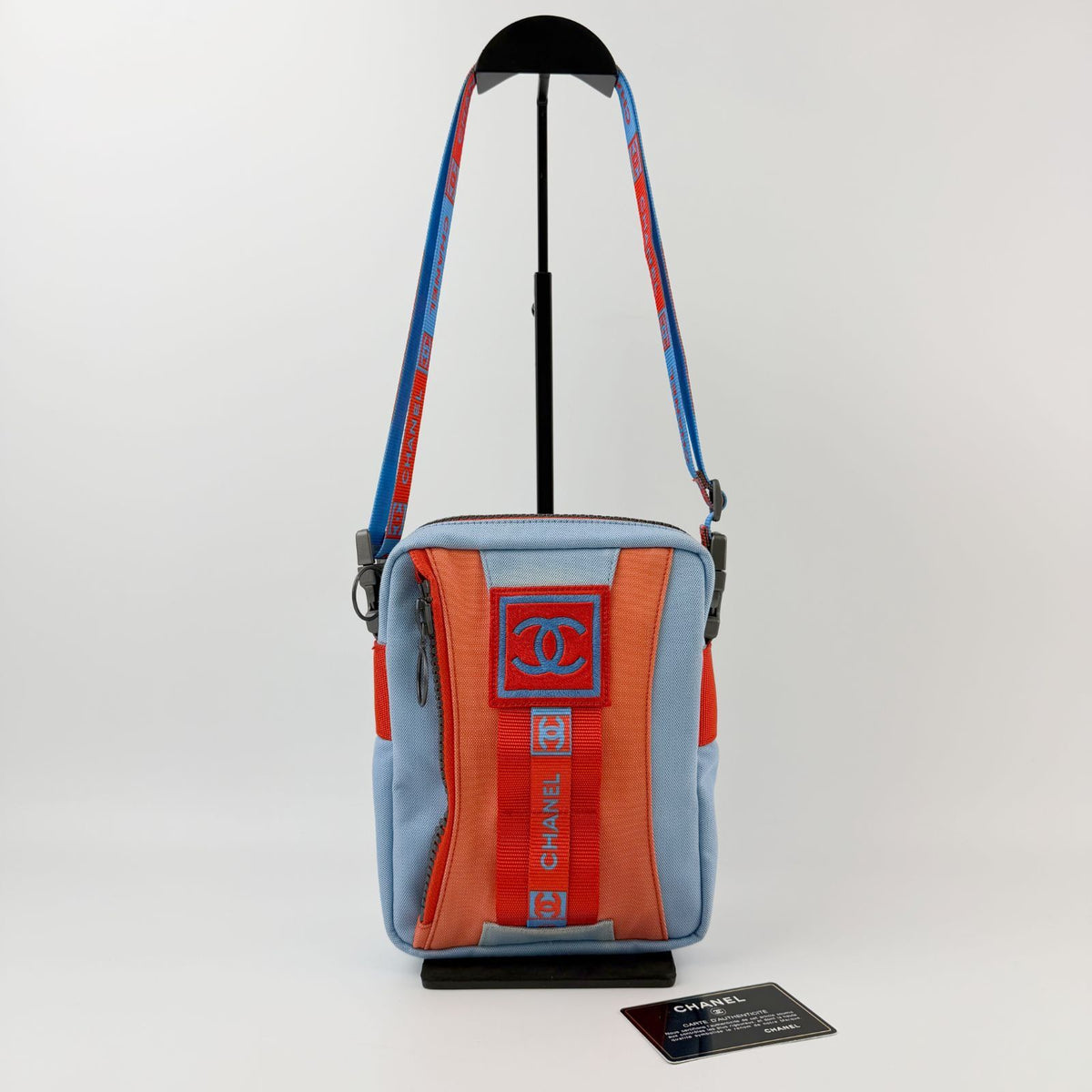 Chanel Sports Line Shoulder Bag Cross Nylon Canvas Light Blue Orange Red Seal