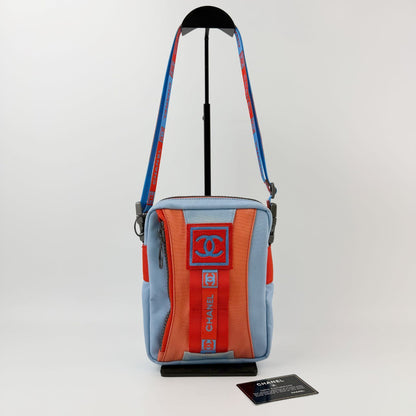Chanel Sports Line Shoulder Bag Cross Nylon Canvas Light Blue Orange Red Seal