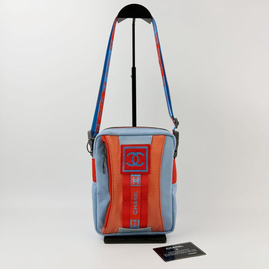 Chanel Sports Line Shoulder Bag Cross Nylon Canvas Light Blue Orange Red Seal