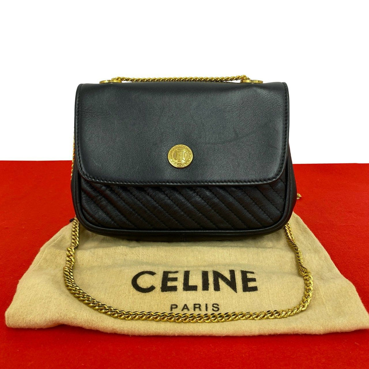 Celine Vintage Triomphe Logo Leather Chain Mini Shoulder Bag Pochette Black