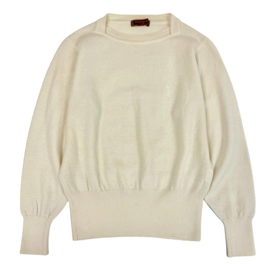 Saint Laurent Cassandra Logo Embroidery Vintage Knit Sweater Off White Wool