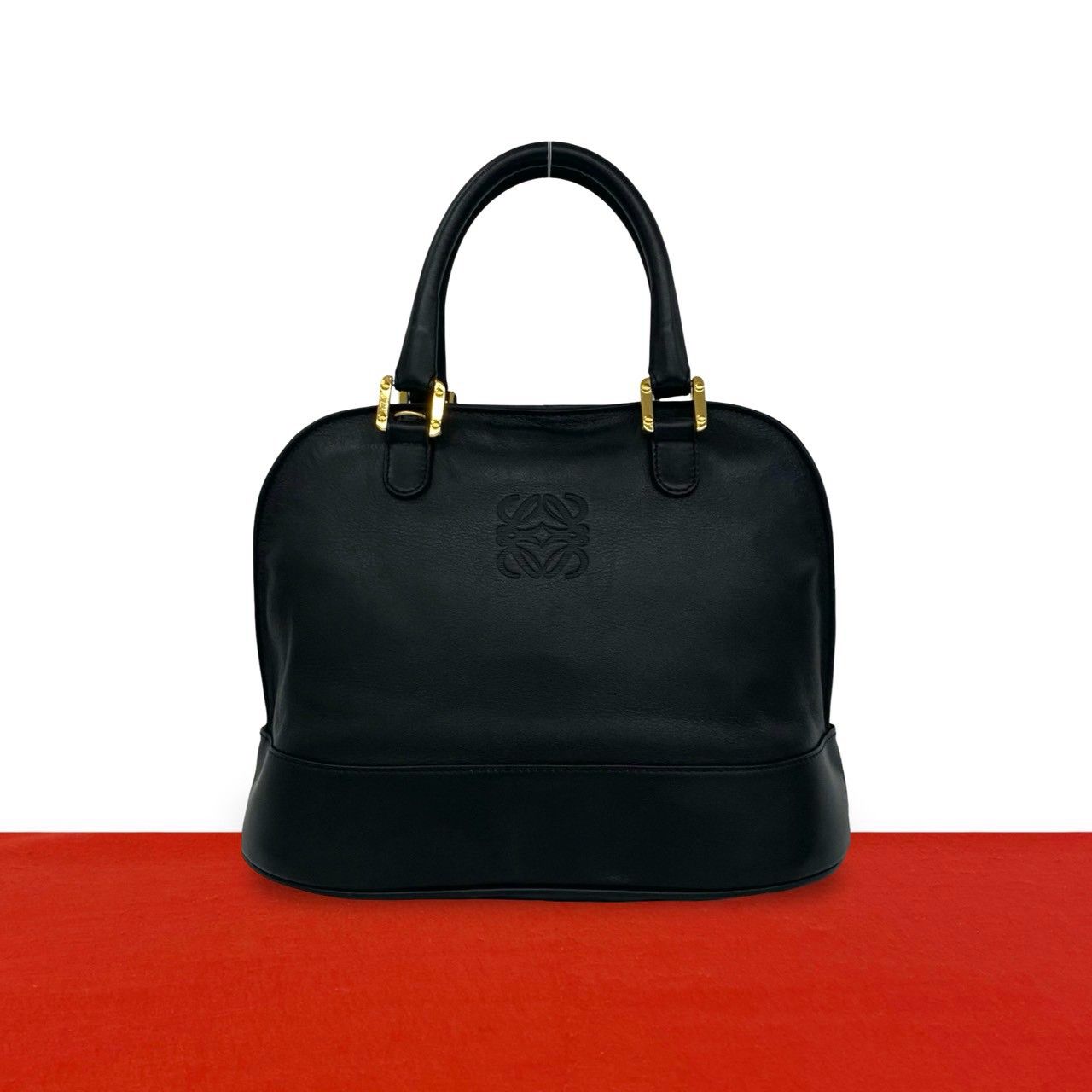 Loewe Vintage Anagram Logo Leather Round Zip Mini Boston Bag Black