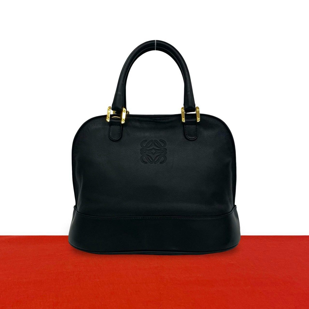 Loewe Vintage Anagram Logo Leather Round Zip Mini Boston Bag Black
