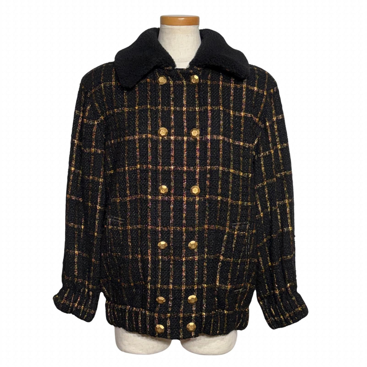 Chanel Coco Buttons Tweed Jacket Black Gold Cotton 40