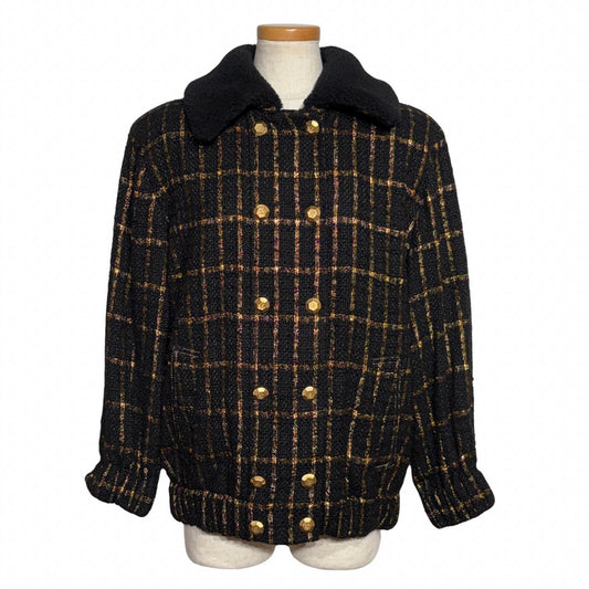 Chanel Coco Buttons Tweed Jacket Black Gold Cotton 40