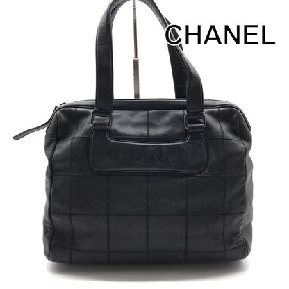Chanel Choco Bar Leather Boston Hand Bag Shoulder Black Silver Bag