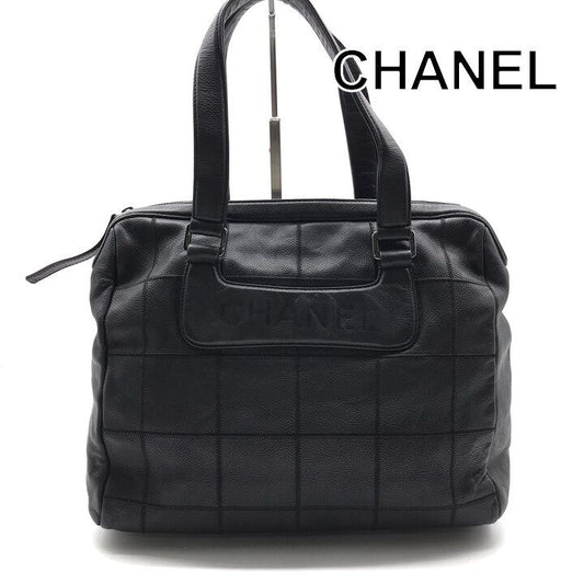 Chanel Choco Bar Leather Boston Hand Bag Shoulder Black Silver Bag